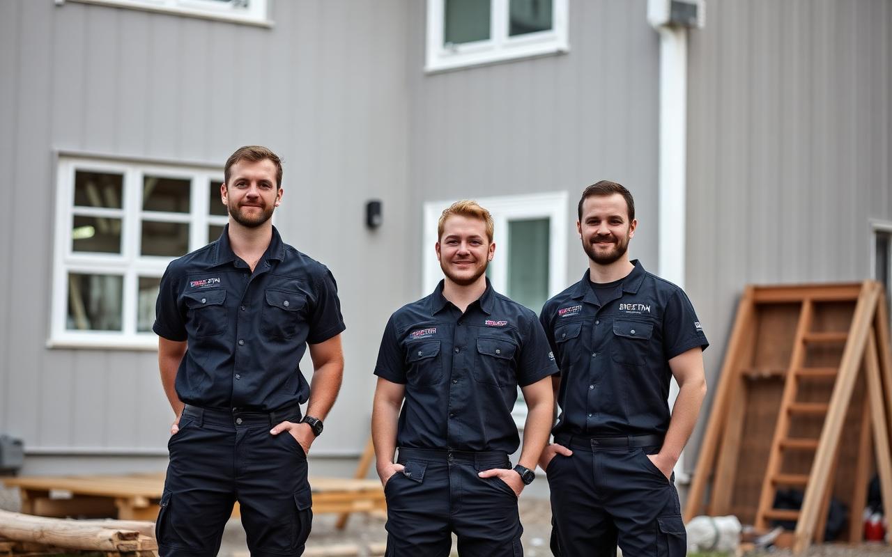 Ett team av svenska hantverkare framför ett renoveringsprojekt